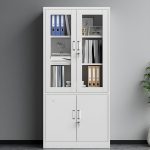 A 2-door metallic office storage cabinet offering secure, durable storage space for documents, files, and office supplies in a professional setting.