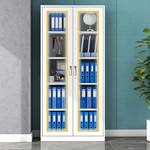 Glass door storage cabinet with sleek design, featuring transparent panels and ample shelving space for organized storage in modern interiors.