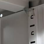 Glass door storage cabinet with sleek design, featuring transparent panels and ample shelving space for organized storage in modern interiors.