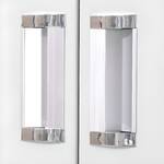 Glass door storage cabinet with sleek design, featuring transparent panels and ample shelving space for organized storage in modern interiors.